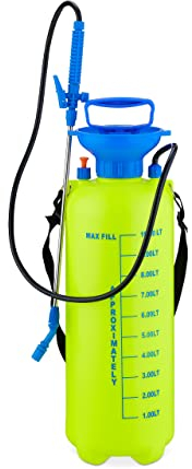 Relaxdays Drucksprüher, 10 l, verstellbare Düse & Skalierung, Bewässerung & Pflanzenschutz, Pumpsprühgerät, gelb-blau