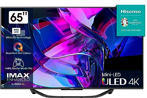 Hisense 65U7KQ 164 cm (65 Zoll) Fernseher 4K Mini LED ULED HDR Smart TV, Quantum Dot, 120Hz, HDMI 2.1, Game Mode Pro, Dolby Vision IQ & Atmos, Bluetooth, Alexa Built-in, Anthrazit [2023], Schwarz