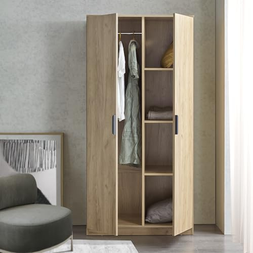 [en.casa] Kleiderschrank Eiselfing Schrank mit 2 Türen Garderobenschrank 176 x 80 x 52 cm Schlafzimmerschrank 1 Kleiderstange 4 Fächer Eicheoptik