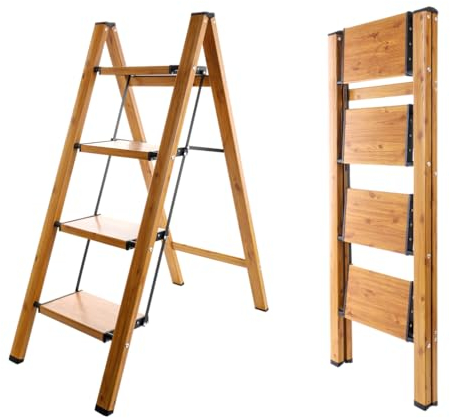 BAOYOUNI Escabeau pliable à 4 marches portable en aluminium léger avec pédales larges antidérapantes Capacité de 150 kg pour la maison, la cuisine, le jardin, le bureau – Noir + couleur grain de bois