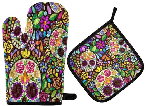 Sugar Skull Floral Oven Mitts Pot Holder Set Halloween Mexican Kitchen Decor Cooking Stove Gloves Heat Resistant Hot Pads Recycled for BBQ Baking Grilling