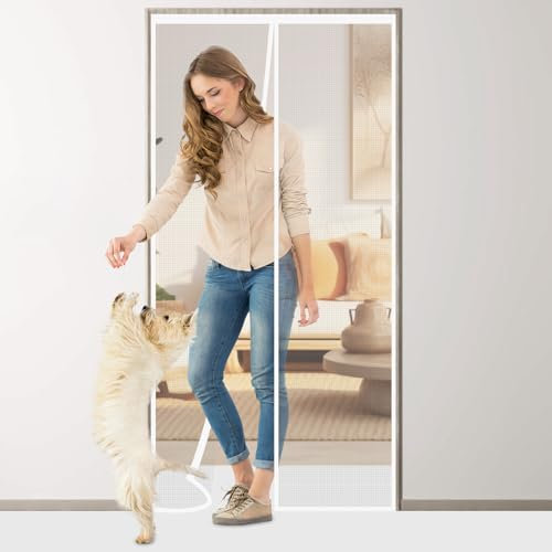 Flintronic Magnetic Fly Screen Door, 120x220cm Heavy Duty Mesh Curtain with Repair Subsidy, Fly Screens Doors Nets Patio Curtain Insect Mesh with Powerful Magnets & Full Frame Magic Tape, White