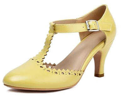 elerhythm Mary Jane Chaussures à bout rond pour femme Style rétro années 1920 Style victorien, jaune, 37 EU