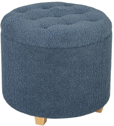 HOMCOM 45cm Round Storage Ottoman, Teddy Fleece Footstool with Removable Lid and Wood Legs, Button Tufted Vanity Stool for Living Room Bedroom Hallway, Blue