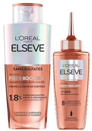 L'Oréal Paris Elseve Fiber Booster Duo gegen Haarausfall, stimuliert das Wachstum – erhöht die Haardichte – für Männer und Frauen – Shampoo ohne Sulfate + Wachstumsserum