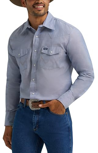 Wrangler Camicia da Lavoro a Maniche Lunghe da Uomo in Chambray Western Taglio Cowboy, Chambray Chiaro, L