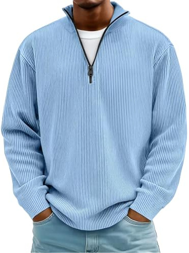 Sudadera clásica de cordura con cremallera de un cuarto para hombre, manga larga, cuello alto, estilo casual, sudaderas básicas, camisas, tops de otoño, invierno y primavera, azul celeste, L