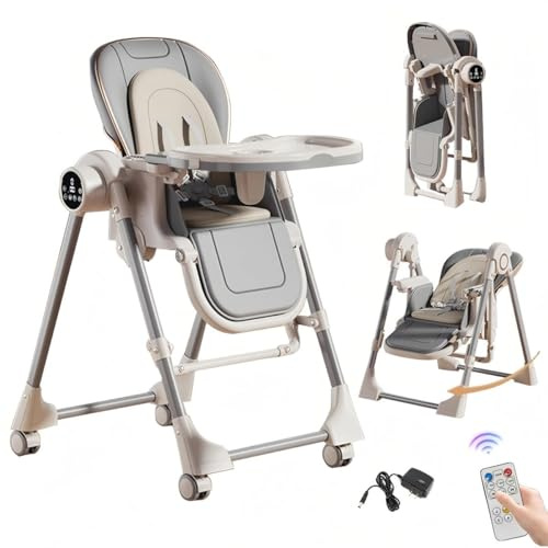 Aveainelle Plegable Cuero PU Tronas de BeBe con Columpio Eléctrico Inteligente, Bluetooth y Control Remoto, 5 de Altura y 3 Reclinables, Trona Evolutiva Convertible con Bandejas y Ruedas (Gris)