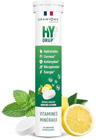 GRANIONS HYDROP Menthe Citron – Pastilles Hydratation SANS SUCRES – Électrolytes Hydratation – Vitamines & Minéraux – Magnésium, Zinc – Fabriqué en France – 20 Pastilles Effervescentes