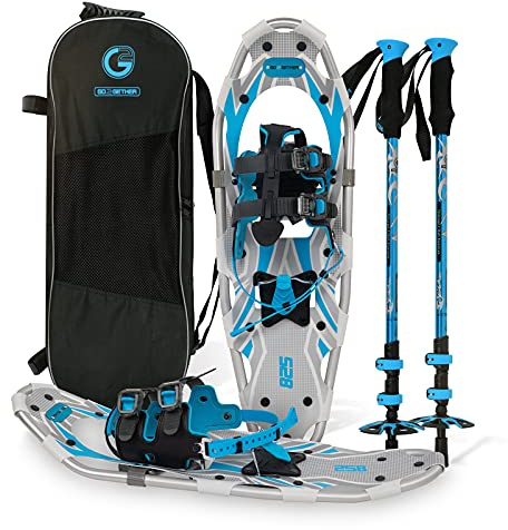 G2 25 Inches Blue Light Weight Snowshoes for Women Men Youth, Set with Trekking Poles, Tote Bag, Special EVA Padded Ratchet Binding, Heel Lift, Toe Box