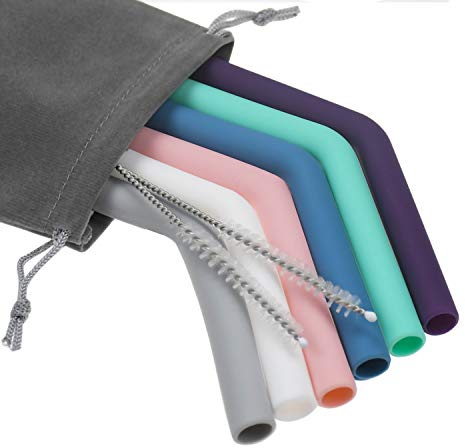 Senneny Set of 6 Silicone Drinking Straws for 30oz and 20oz - Reusable Silicone Straws BPA Free Extra Long with Cleaning Brushes- 6 Bent- 8mm diameter