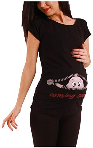 Coming Soon – roligt roligt sött mammamode med motiv mammaskjorta för graviditet t-shirt graviditetströja kortärmad, Schwarz, S