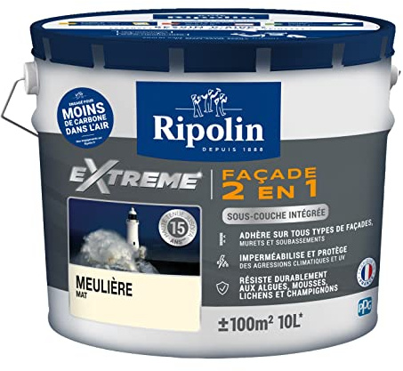 RIPOLIN - Peinture Façade 2 en 1 Extrême Extérieur - Sous-Couche Intégrée - Très Forte Adhérence - Protection Contre Micro-organismes - Résistance aux UV et Intempéries - Mat - 10L - Meulière