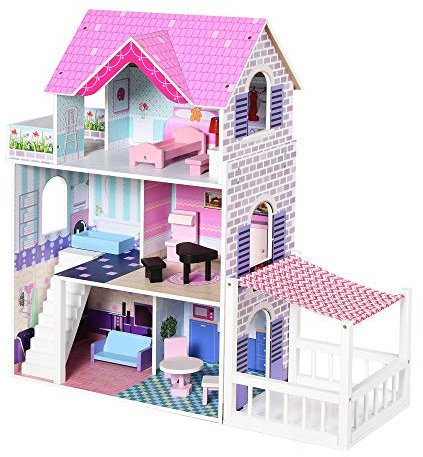 HOMCOM Casa de Muñecas de Madera de 3 Pisos con Patio 86x30x87 cm Muebles Accesorios de 13 Piezas Diseño Lindo Casita Muñecas de Juguete Madera Rosa