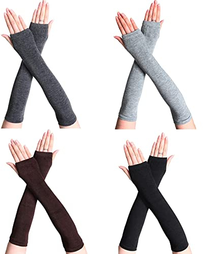 VUCDXOP 4 Paar Fingerlose Armstulpen Damen Armwärmer Lange Stulpen Fingerlose Handschuhe Handwärmer mit Daumenloch lang Pulswärmer Warm weiche Handschuhe für Winter Herbst