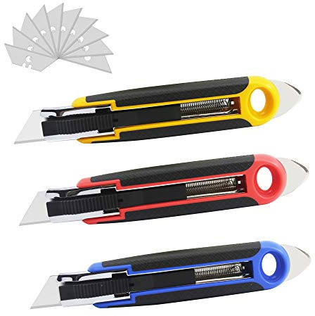 XW Self Retracting Safety Utility Knife, Auto Retractable Box Cutter of Assorted Colors, Extra 10 Blades Included, 3-Pack