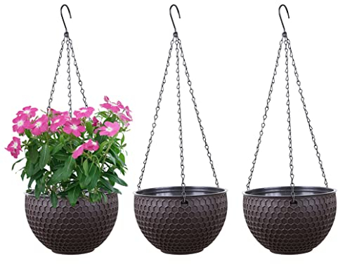 YuanDiann Lot de 3 pots de fleurs suspendus, auto-arrosage, avec réservoir d'eau et trou de drainage, nid d'abeille, avec chaînes inoxydables, pour l'intérieur et l'extérieur, plafonds, balcons