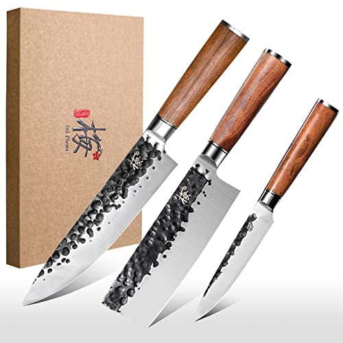 Ink Plums 3 Pieces Kitchen Knife Set, Chef Knife, Usuba Knife, Paring knife, Germany High Carbon Stainless Steel Professional Knife, Hand-forged with Brazilian Rosewood, Gift Box