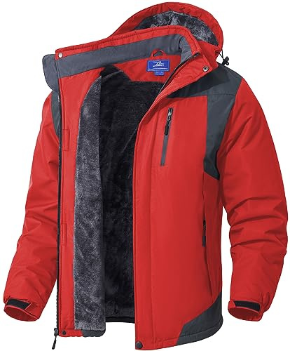 SPOSULEI Herren Winter Fleecejacke Warme Verdickt Gefüttert Skijacke Outdoor Winddicht Wasserdicht Jacke mit Abnehmbarer Kapuze für Wandern Rot 2XL