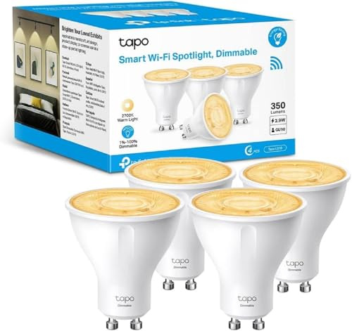 Tapo Smart Wi-Fi-lampor GU10 L610, 4 delar, energibesparande, 2.9 W motsvarande 50 W, dimbar Alexa Smart-lampa, kompatibel med Alexa, Google Assistant, vit