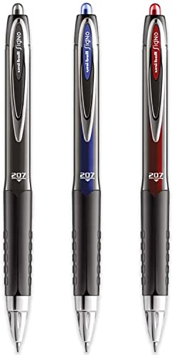 uni-ball Signo UMN-207 Bolígrafo retráctil de gel, paquete de 3, tinta negra, azul y roja
