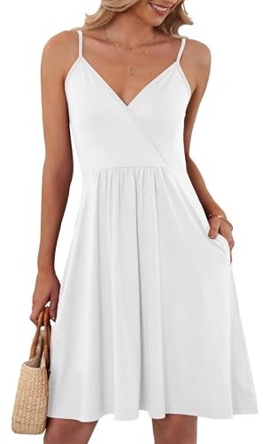 AUSELILY Robe élégante D'été Femme Bretelles sans Manches Robes Décontractée Courte Col en V avec Poches
