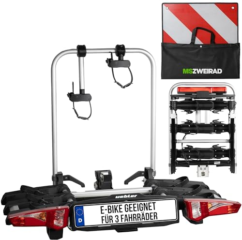 Uebler Fahrradträger i31 Z 60° für 3 Fahrräder Auto Kupplungsträger klappbar E-Bike MTB inklusive reflektierende Warntafel 50x50cm + 4 Spanngummis