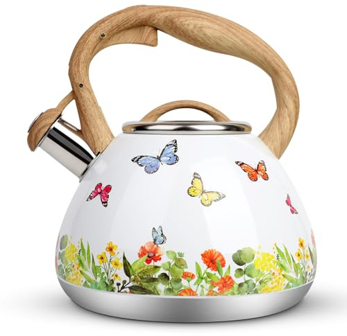 Tea Kettle, Toptier Teapot Whistling Kettle with Wood Pattern Handle Loud Whistle, Food Grade Stainless Steel Tea Pot for Stovetops Induction Water Kettle, 2.7-Quart Butterfly