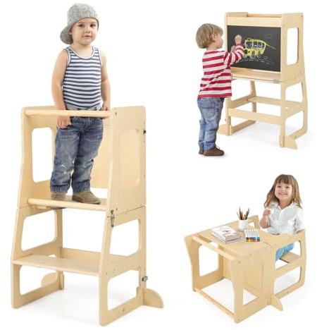 COSTWAY Torre de Aprendizaje Plegable 3 en 1, Taburete Infantil Montessori de Madera con Pizarra, Mesa, Taburete y Barra de Seguridad para Baño Cocina, Juego de Mesa y Silla para Niños