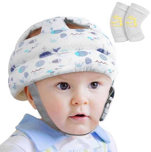 Vicloon Baby Kopfschutz, Anti-Kollision Baby Helm Kopfschutz für 6 Bis 36 Monate Baby, Säugling Kleinkind Kinder Schutzhut, Kommt mit Einem Paar Knieschützer (Wal)