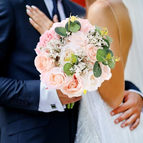 M METERXITY Bouquet de Mariage Rose, 1 Pièce, 20 x 24 cm, Bouquet de Fleurs Artificielles pour Mariage, Bouquets de Mariée pour la Mariée, Multicolores avec Ruban en Soie [Rose]