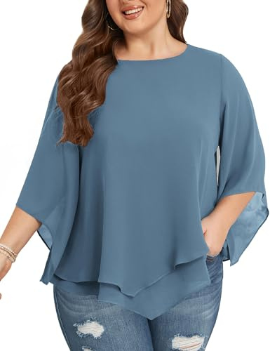 Hanna Nikole Blusa de gasa para mujer, tallas grandes, manga 3/4, camisa de doble capa, holgada, elegante, holgada, azul grisáceo, 54 Grande