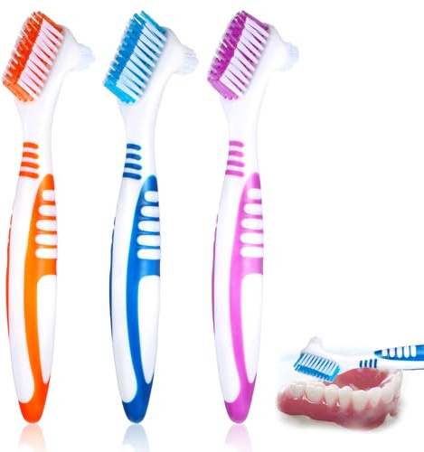 3 cepillos duros para dentaduras postizas, 3 colores de higiene de primera calidad para el cuidado de prótesis, cepillo de dientes de doble cara con cerdas multicapa y mango antideslizante de goma
