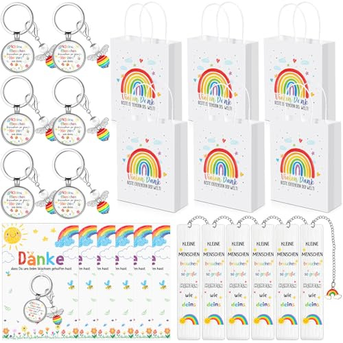 Clabby 6 Sets Cadeau Remerciement pour Enseignants Contient 6 Cartes Remerciement 6 Sacs en Papier Arc-En-Ciel 6 Porte-Clés Anges 6 Marque-Pages en Acier Inoxydable Cadeaux d'Adieu pour Éducateurs