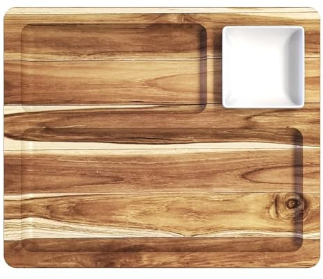 Erreke Bandejas para Servir Comida, Bandeja Madera, Madera de Teca Natural, Rectangular y Resistente, Ideal Carnes, Pollo, Embutidos, Tapas, Cuenco para Salsas, 3 Compartimientos, 28x23x3.4 cm