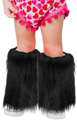 Clobeau Kid Faux Fur Fuzzy Leg Warmers Long Furry Leg Foot Cuffs Girls Winter Boot Covers (Black, One Size)