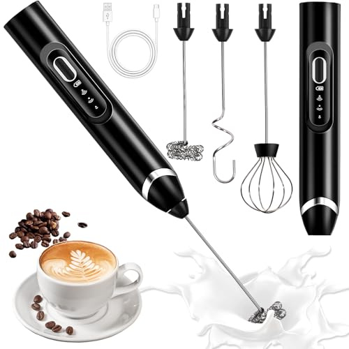 BBLTIFF Montalatte Elettrico, Frullino Montalatte Ricaricabile USB Con 3 Frullini, 3 Velocità Regolabile, Schiumatore Latte Elettrico in Acciaio Inox per Cappuccino, Caffè Schiumoso, Uova, Panna