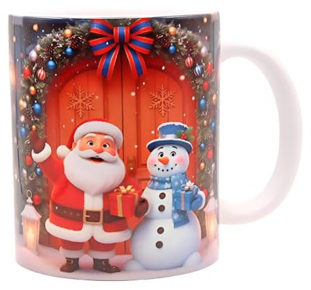 Shopi Zone Taza de cerámica navideña con Papá Noel y muñeco de nieve – Ilustración 3D estilo Pixar con colores vivos