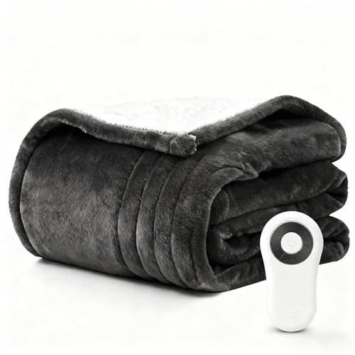 Warm Storm Electric Heated Blanket, 155X210CM,5 Heat Settings, Fast Heating, CE Certified, Flannel Sherpa Electric Blanket for Bed, Sofa, Office, Machine Washable (Dark Gray)
