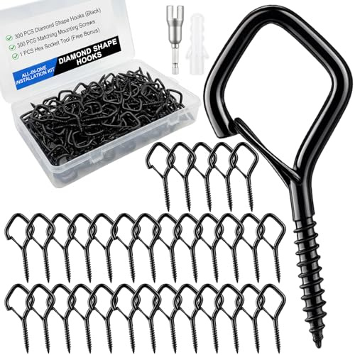 ElaraBerry 300 Pack Black Eye Screw Hooks Bulk - 2.36 Inch Heavy Duty with Safety Buckle, Windproof Metal Ceiling Hooks for Hanging Plants Wind Chime Bird Feeders String Lights Cups Patio