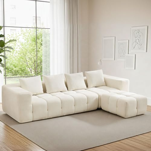 119 Oversized Cloud Boneless Couches for Living Room, Modern Tufted Modular Sectional Sofa with Deep Seat & Movable Ottoman, L Shaped Memory Foam Chenille Couch, No Assembly Required, Beige