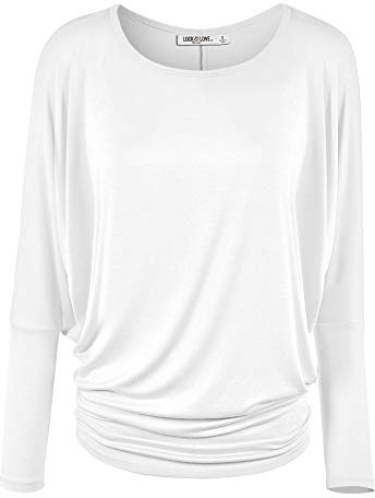 LL WT826 Women's Casual Flowy Draped Long Sleeve Batwing Dolman Top – Soft & Comfortable Loose Fit Pullover L White