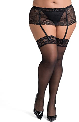 Lovehoney Lingerie Women's Black Sheer Plus Size Thigh High Stockings - Stretchy Nylon with Deep Floral Lace Tops - One Size: 8-16
