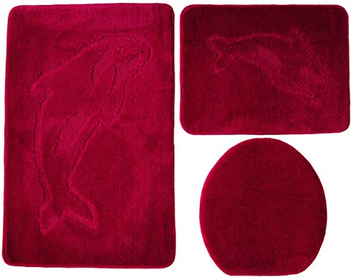 Ilkadim Delphin Badgarnitur 3 TLG. Set 55x85 cm einfarbig, WC Vorleger ohne Ausschnitt für Hänge-WC (Bordeaux)