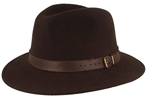 Bred utomhus filt hatt trekking-hatt ullhatt av 100 % ull – hatt vattenavvisande och vikbar – med läderuppsättning – för män och kvinnor, BRUN, 61
