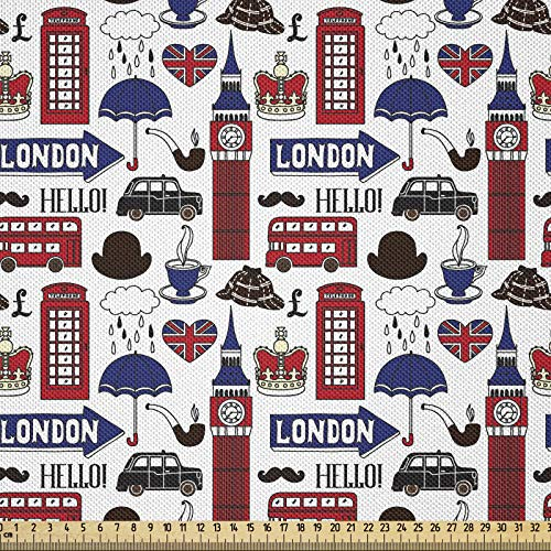 ABAKUHAUS London Stoff als Meterware, Britische englische Wahrzeichen, Seidiger Satin Stoff für Polster Heimtextilien, 1M (148x100cm), Weiß Rot