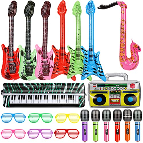 21 Stück Aufblasbare Instrumente Spielzeug Set,Aufblasbare Gitarre Saxophon Mikrofon Beth Lautsprecher Tastatur Shutter Shading Gläser Musikinstrumente Zubehör für Kinder,Aufblasbare Party Props