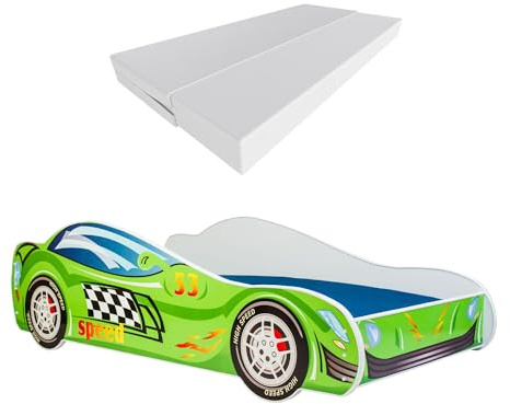 KOBI Letto Bambini Auto | Tema Speed Auto da Corsa Gara| 140 x 70 CM | Letto Forma Macchina per Bambino | Lettino Automobile Singolo | Lettini Bambina con Materasso
