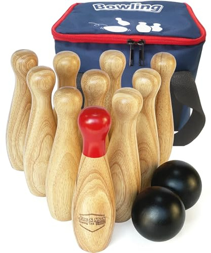 Wooden Game Set-Lawn Bowling and-Hardwood10 Pins & 2 Balls in a Carry Bag (20cm-High, natural)