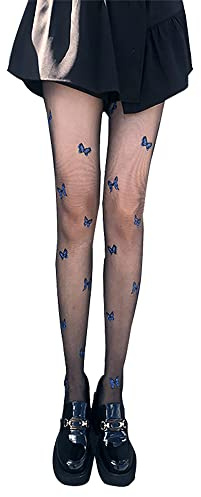 GamTelightpe Collant Imprimé Femme Bas Fantaisie Sexy Translucide en motif Papillon Bleu Taille Haute Collant Taille Unique